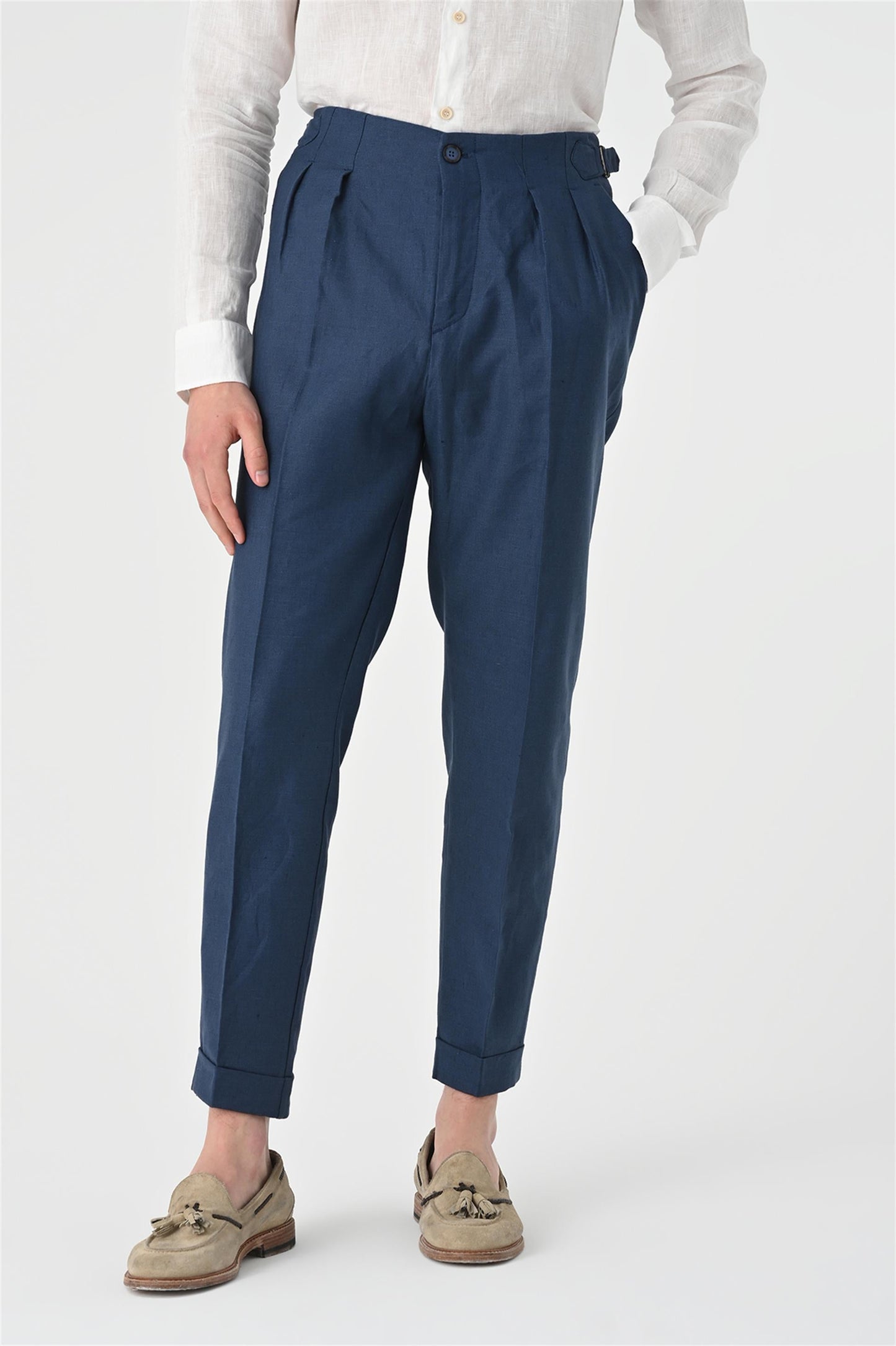 Men's Indigo High Waist Pleated Linen Trousers