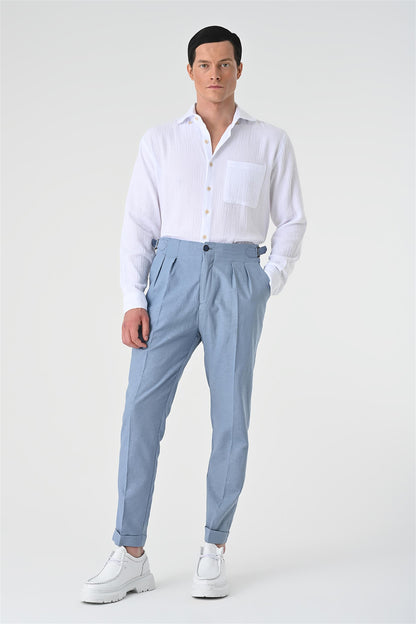 Men's Blue High Waist Pleated Linen Trousers