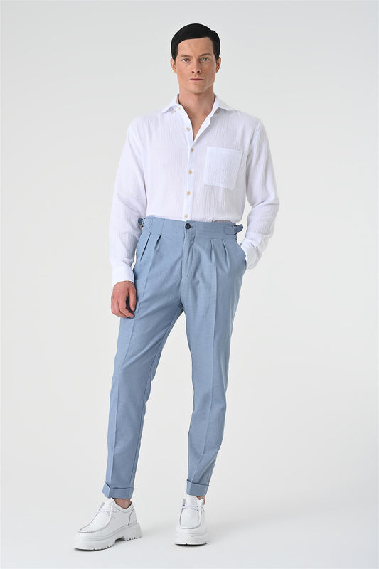 Men's Blue High Waist Pleated Linen Trousers