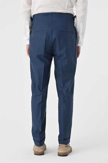 Men's Indigo High Waist Pleated Linen Trousers