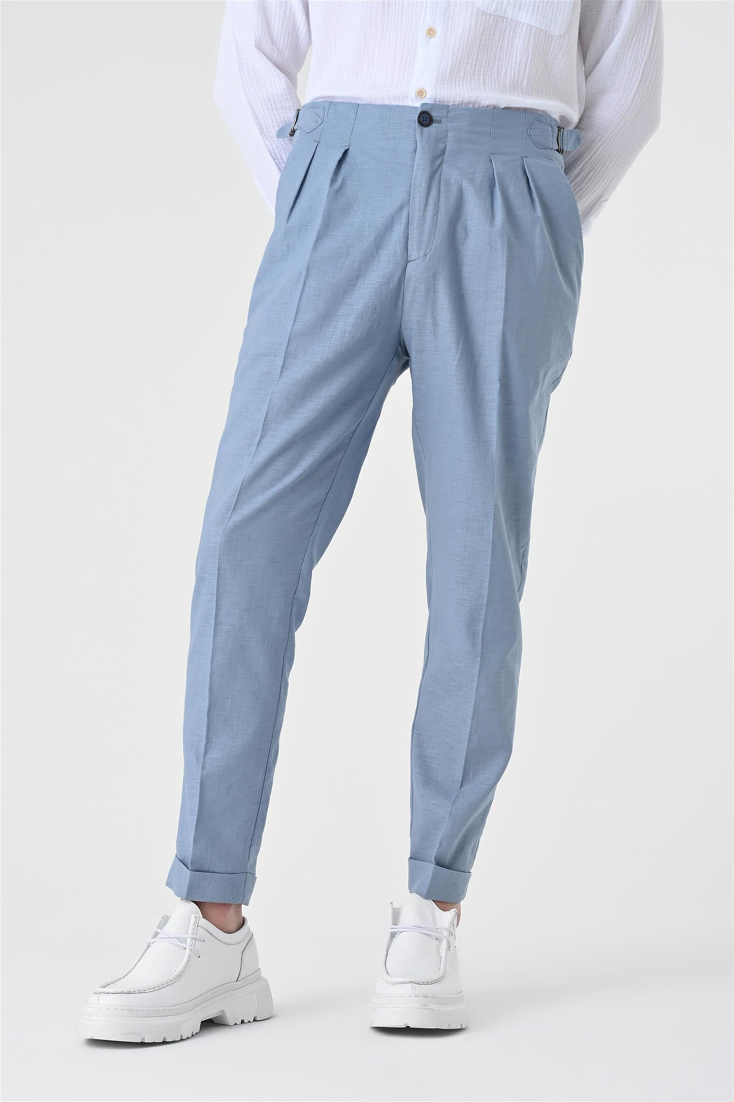 Men's Blue High Waist Pleated Linen Trousers