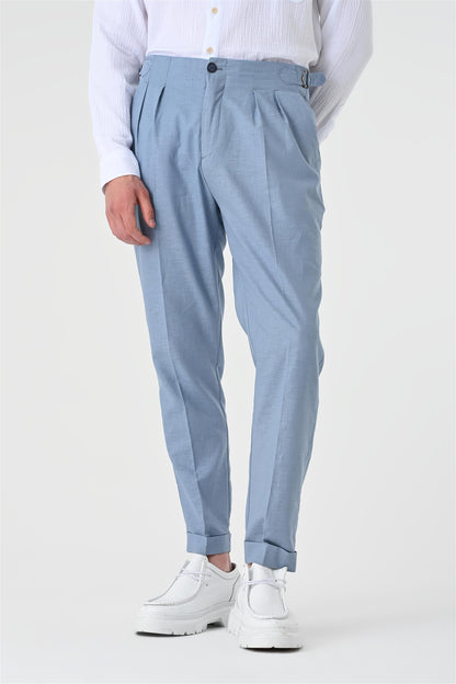 Men's Blue High Waist Pleated Linen Trousers