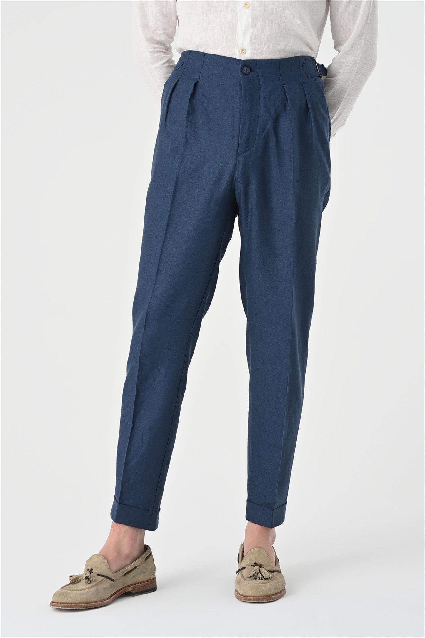 Men's Indigo High Waist Pleated Linen Trousers