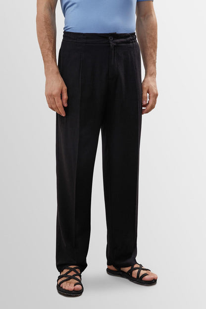 Men's Black High Waist Pleated Linen Blend Trousers