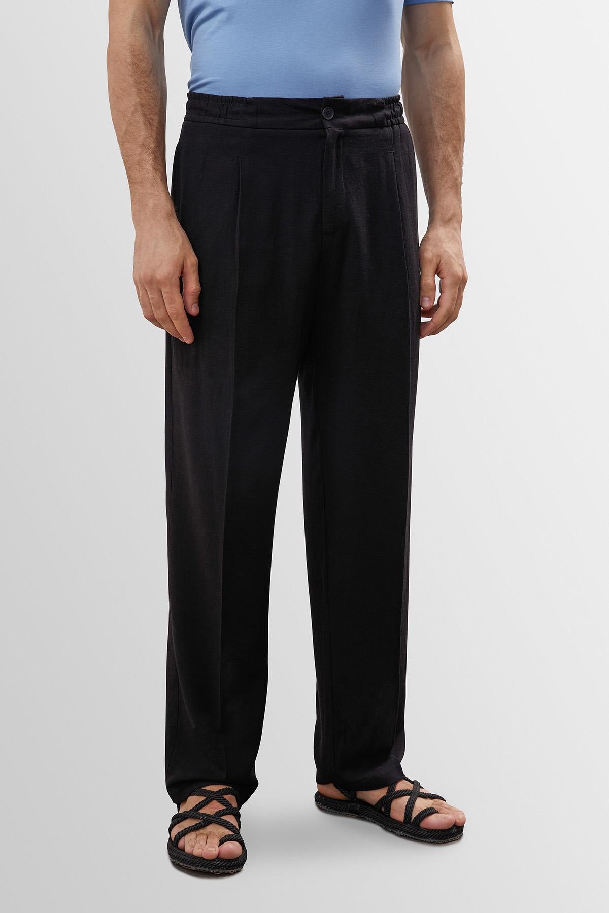 Men's Black High Waist Pleated Linen Blend Trousers