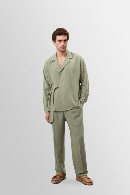 Men's Light Khaki High Waist Pleated Linen Blend Trousers