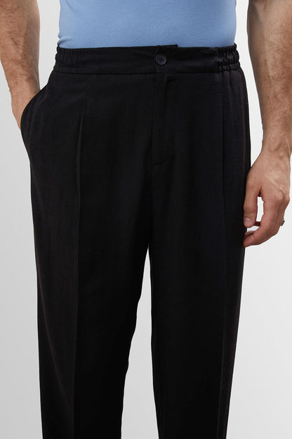 Men's Black High Waist Pleated Linen Blend Trousers