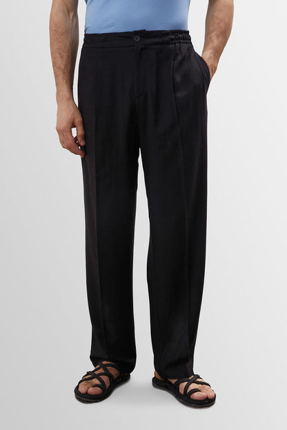 Men's Black High Waist Pleated Linen Blend Trousers