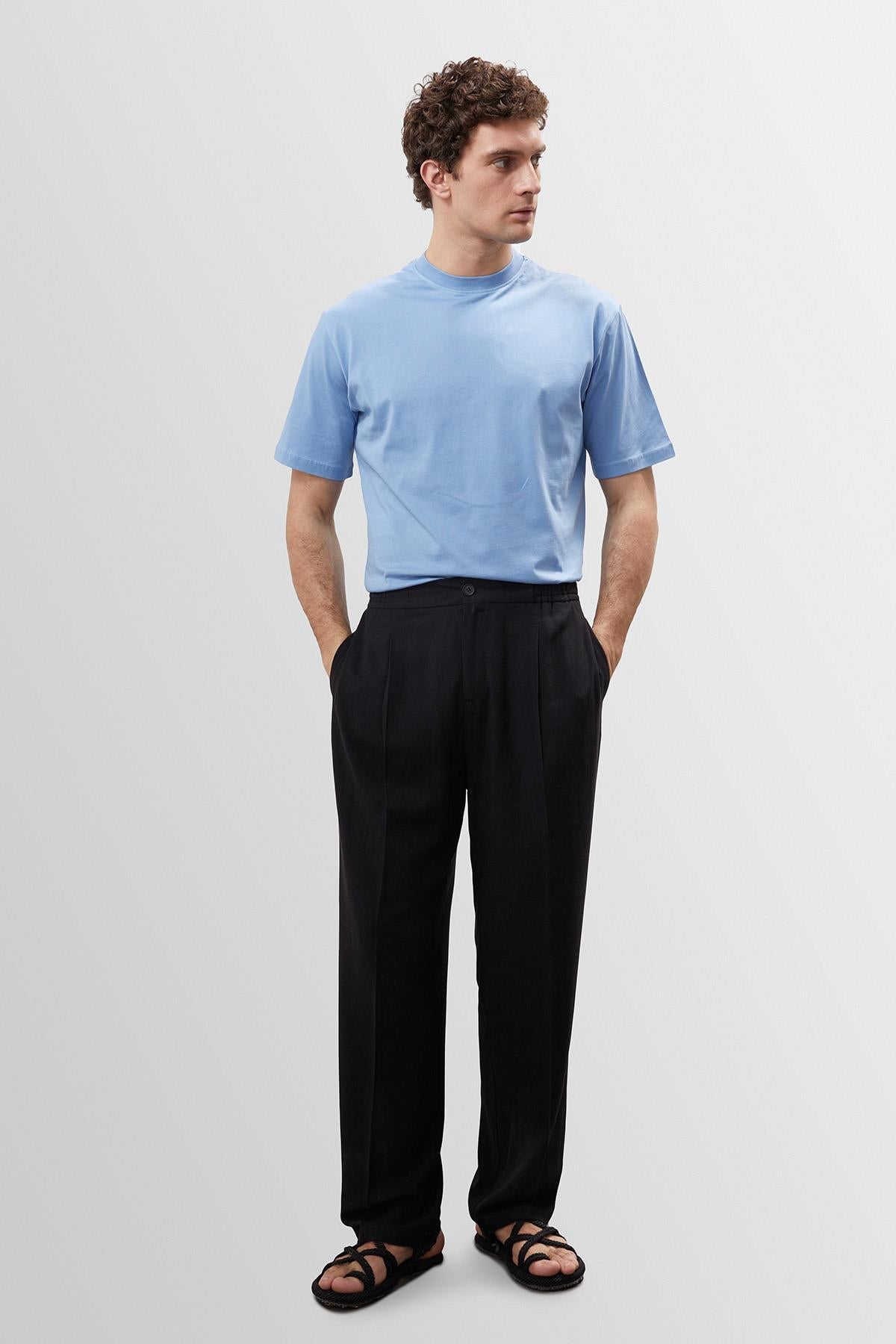 Men's Black High Waist Pleated Linen Blend Trousers
