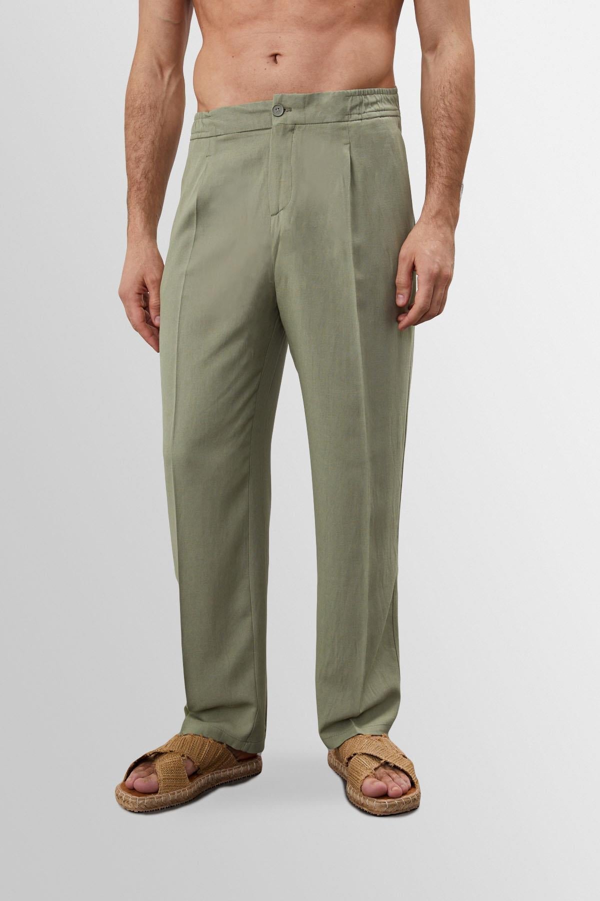 Men's Light Khaki High Waist Pleated Linen Blend Trousers