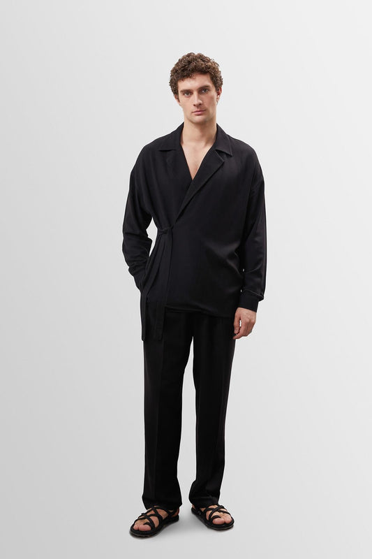 Men's Black High Waist Pleated Linen Blend Trousers