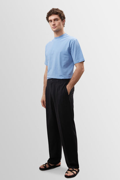 Men's Black High Waist Pleated Linen Blend Trousers