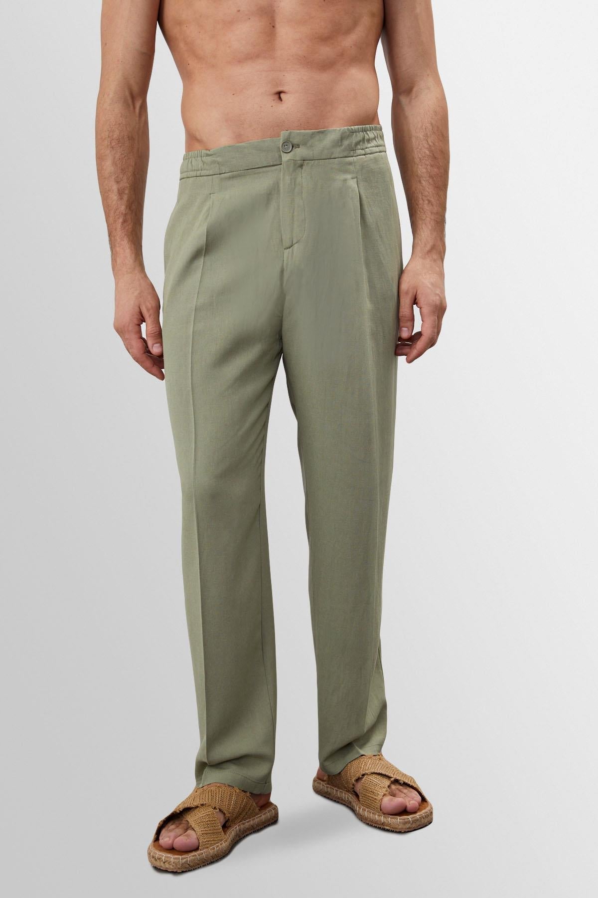 Men's Light Khaki High Waist Pleated Linen Blend Trousers