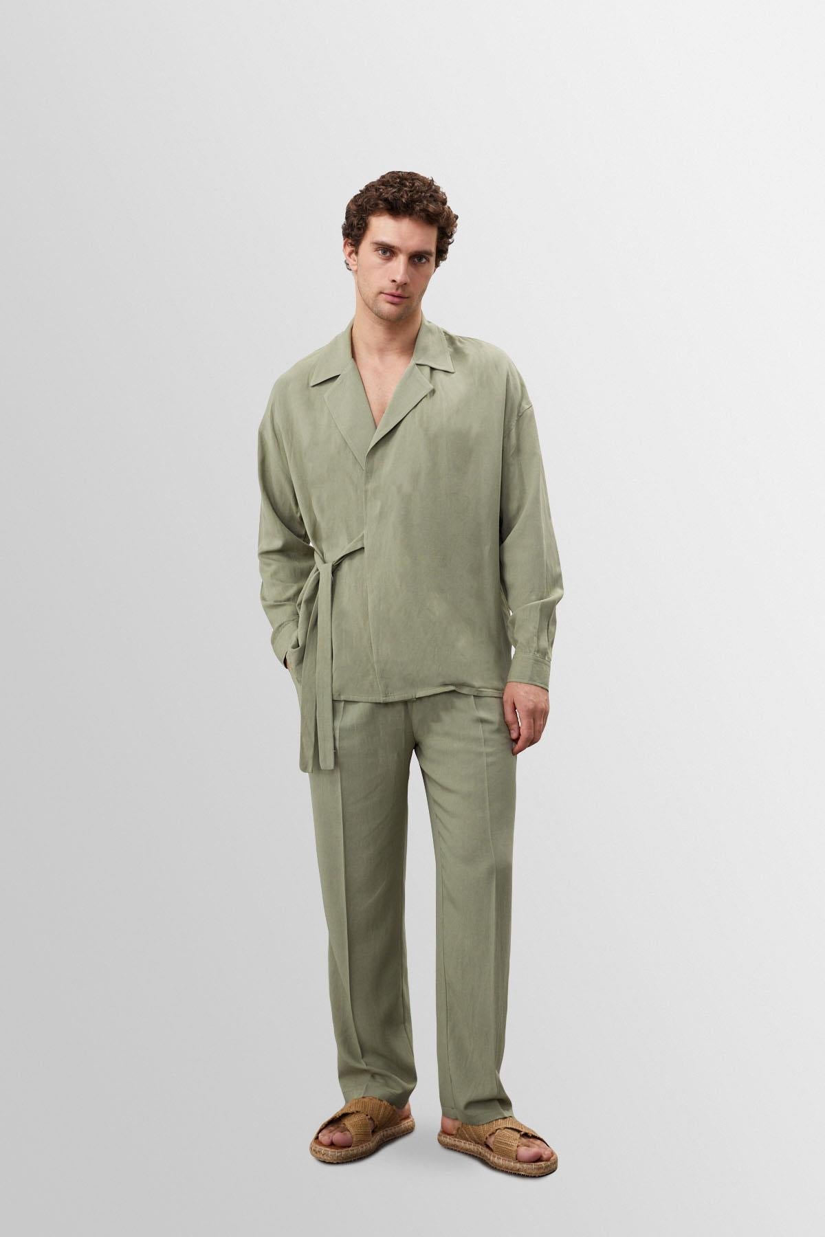 Men's Light Khaki High Waist Pleated Linen Blend Trousers