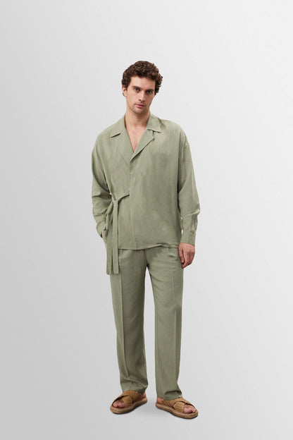 Men's Light Khaki High Waist Pleated Linen Blend Trousers