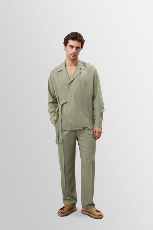 Men's Light Khaki High Waist Pleated Linen Blend Trousers