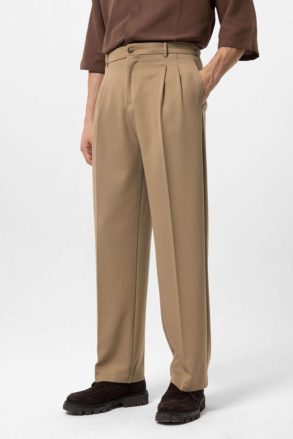 Men's Camel High Waist Pleated Comfortable Fit Trousers