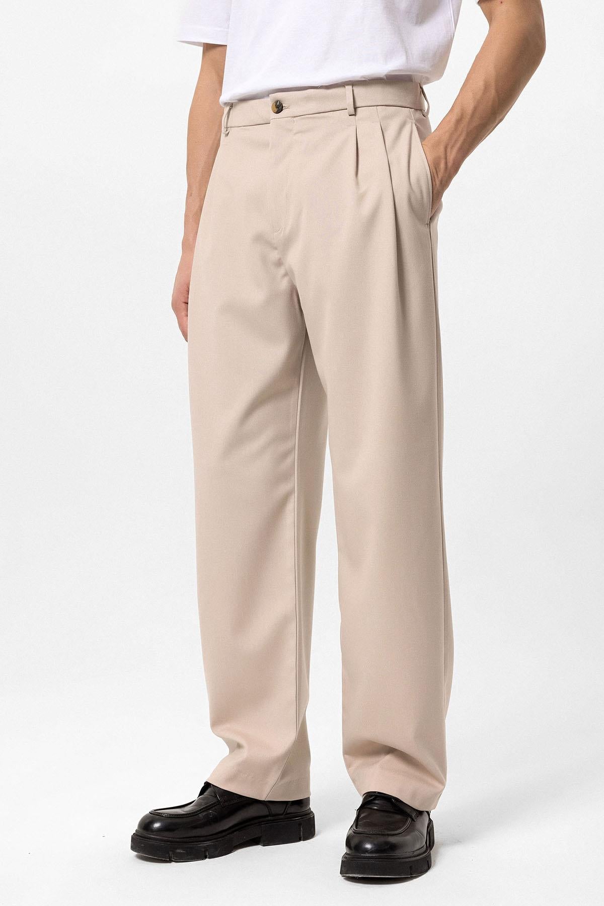 Men's Beige High Waist Pleated Comfortable Fit Trousers
