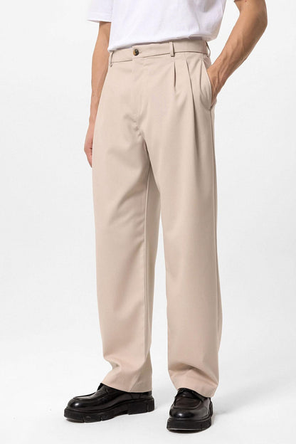 Men's Beige High Waist Pleated Comfortable Fit Trousers