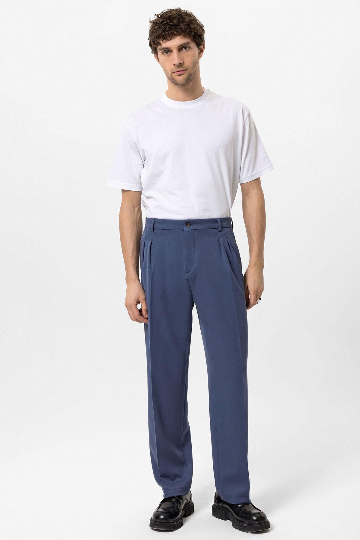 Men's Indigo High Waist Pleated Comfortable Fit Trousers