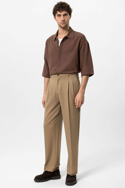 Men's Camel High Waist Pleated Comfortable Fit Trousers