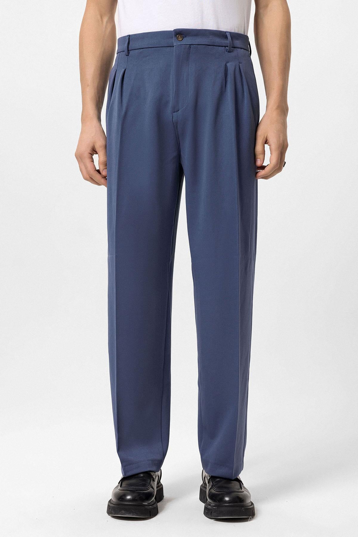 Men's Indigo High Waist Pleated Comfortable Fit Trousers