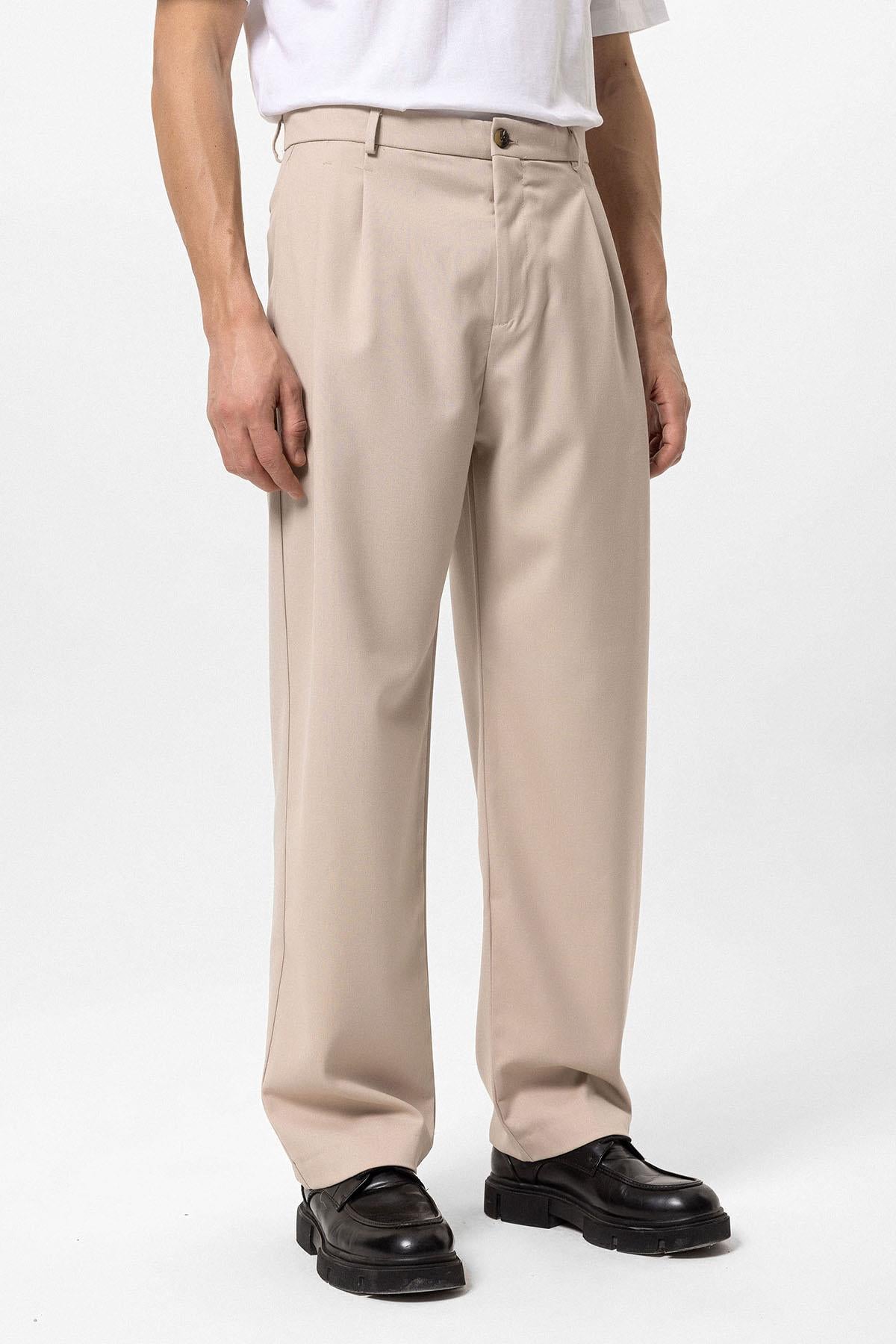 Men's Beige High Waist Pleated Comfortable Fit Trousers