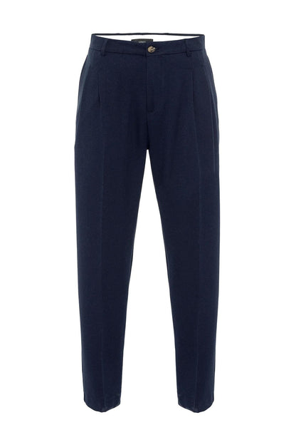 Men's Dark Navy Blue High-Waisted Relaxed Fit Pleated Pants