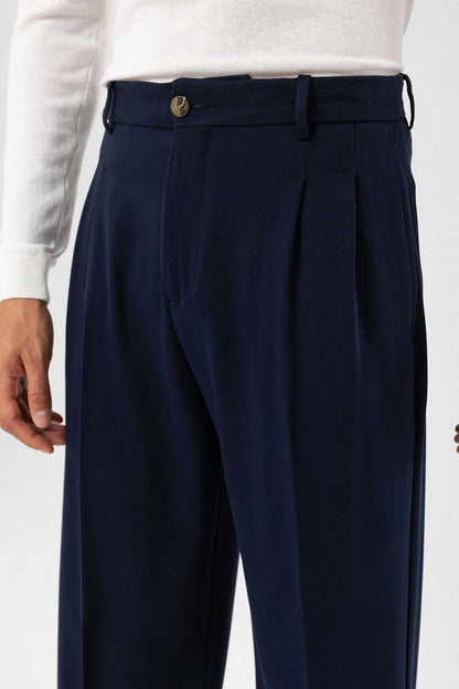 Men's Dark Navy Blue High-Waisted Relaxed Fit Pleated Pants