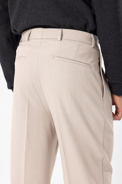 Men's Beige High Waist Pleated Comfortable Fit Trousers