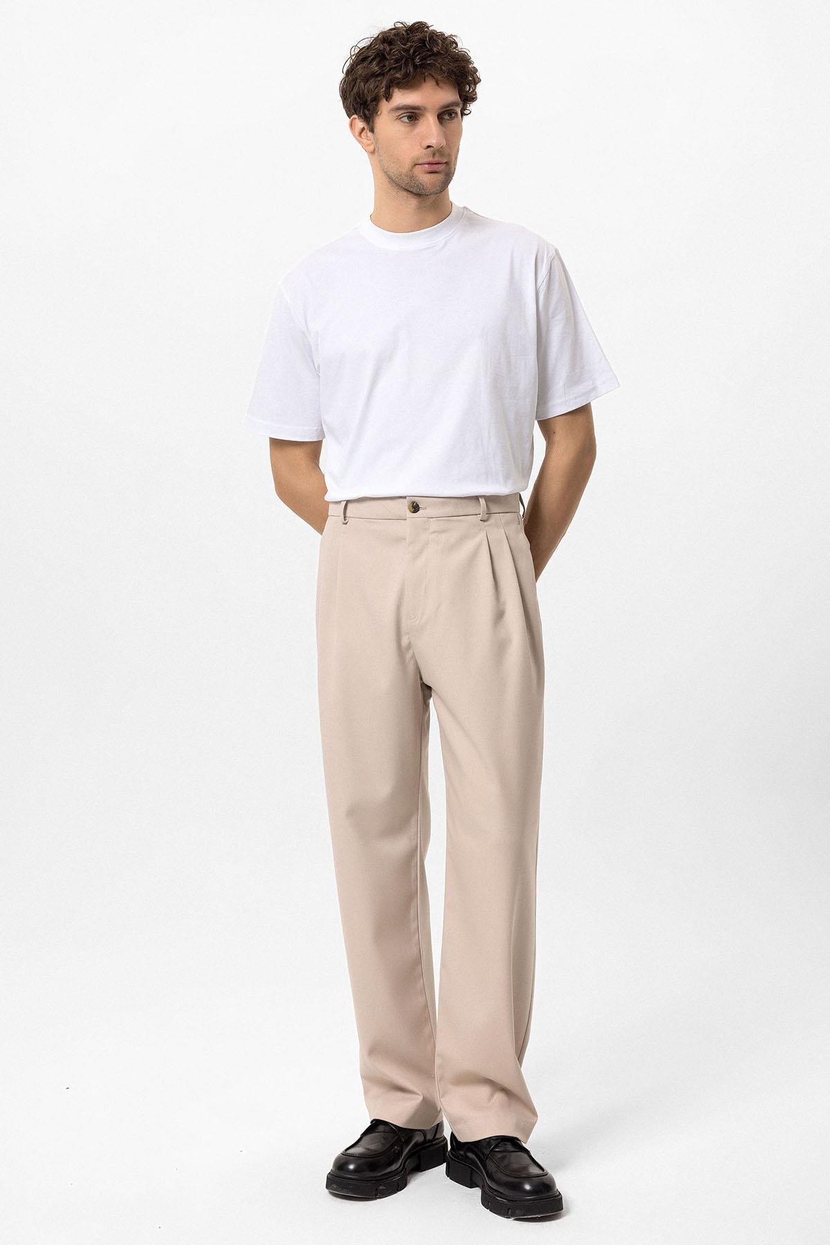Men's Beige High Waist Pleated Comfortable Fit Trousers