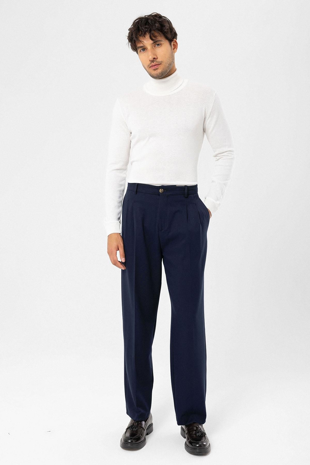 Men's Dark Navy Blue High-Waisted Relaxed Fit Pleated Pants