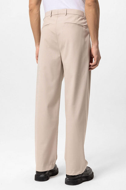 Men's Beige High Waist Pleated Comfortable Fit Trousers