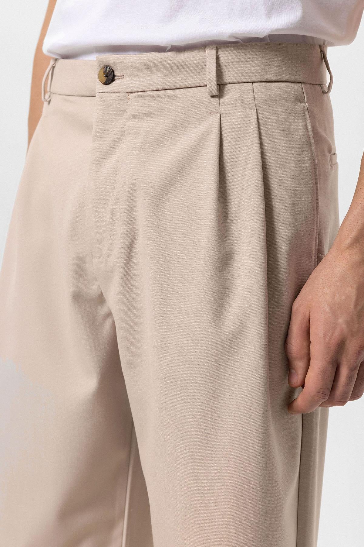 Men's Beige High Waist Pleated Comfortable Fit Trousers