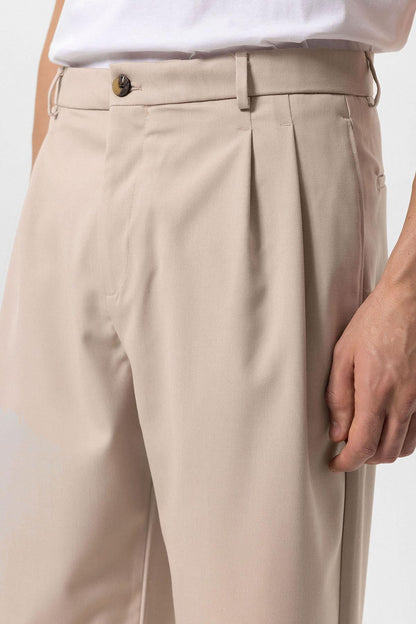 Men's Beige High Waist Pleated Comfortable Fit Trousers