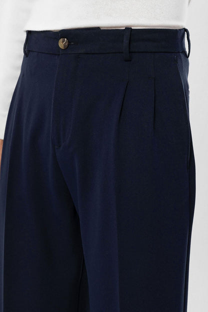 Men's Dark Navy Blue High-Waisted Relaxed Fit Pleated Pants