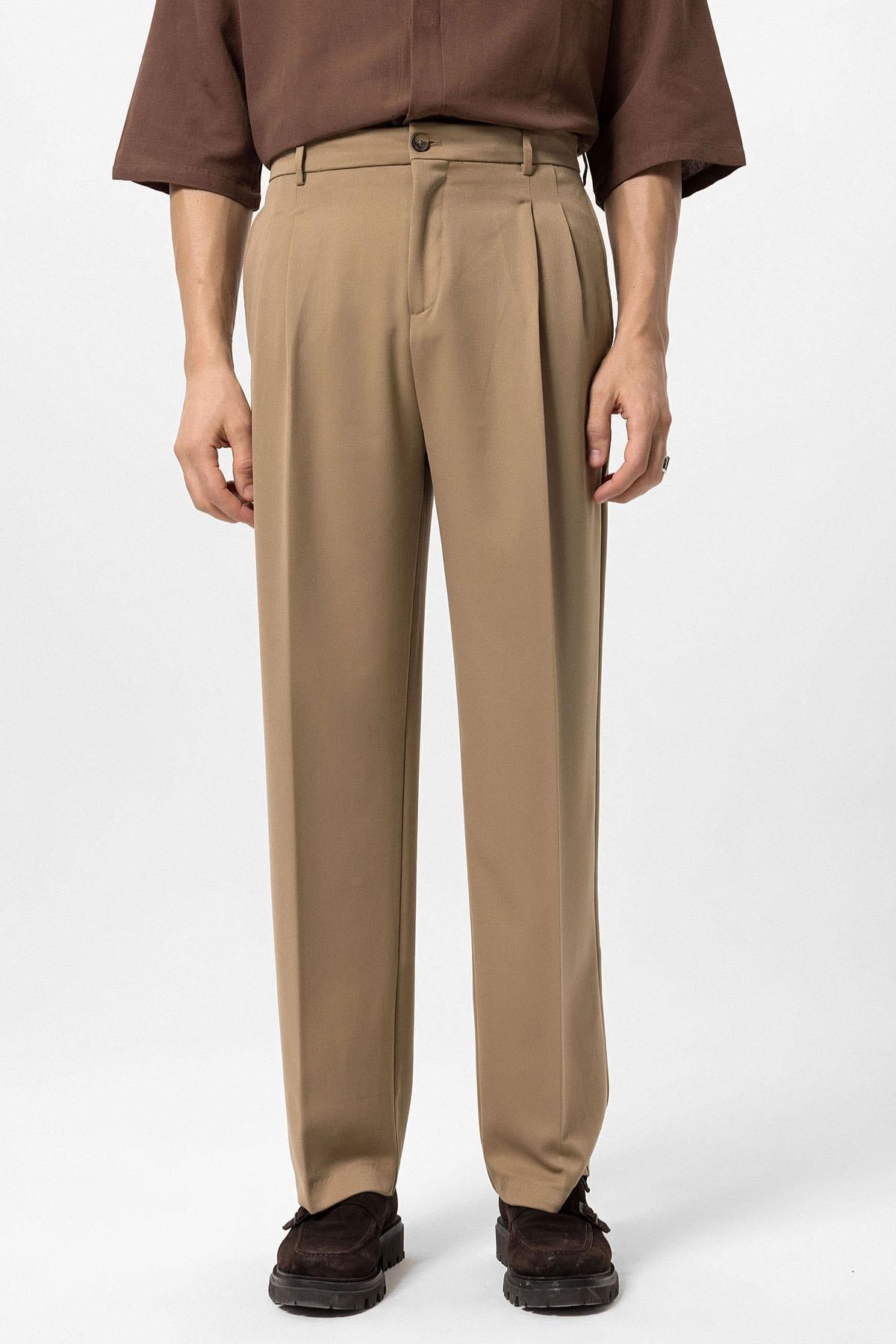 Men's Camel High Waist Pleated Comfortable Fit Trousers