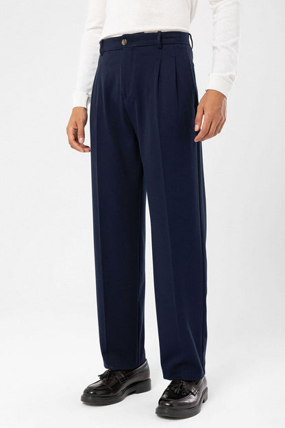 Men's Dark Navy Blue High-Waisted Relaxed Fit Pleated Pants