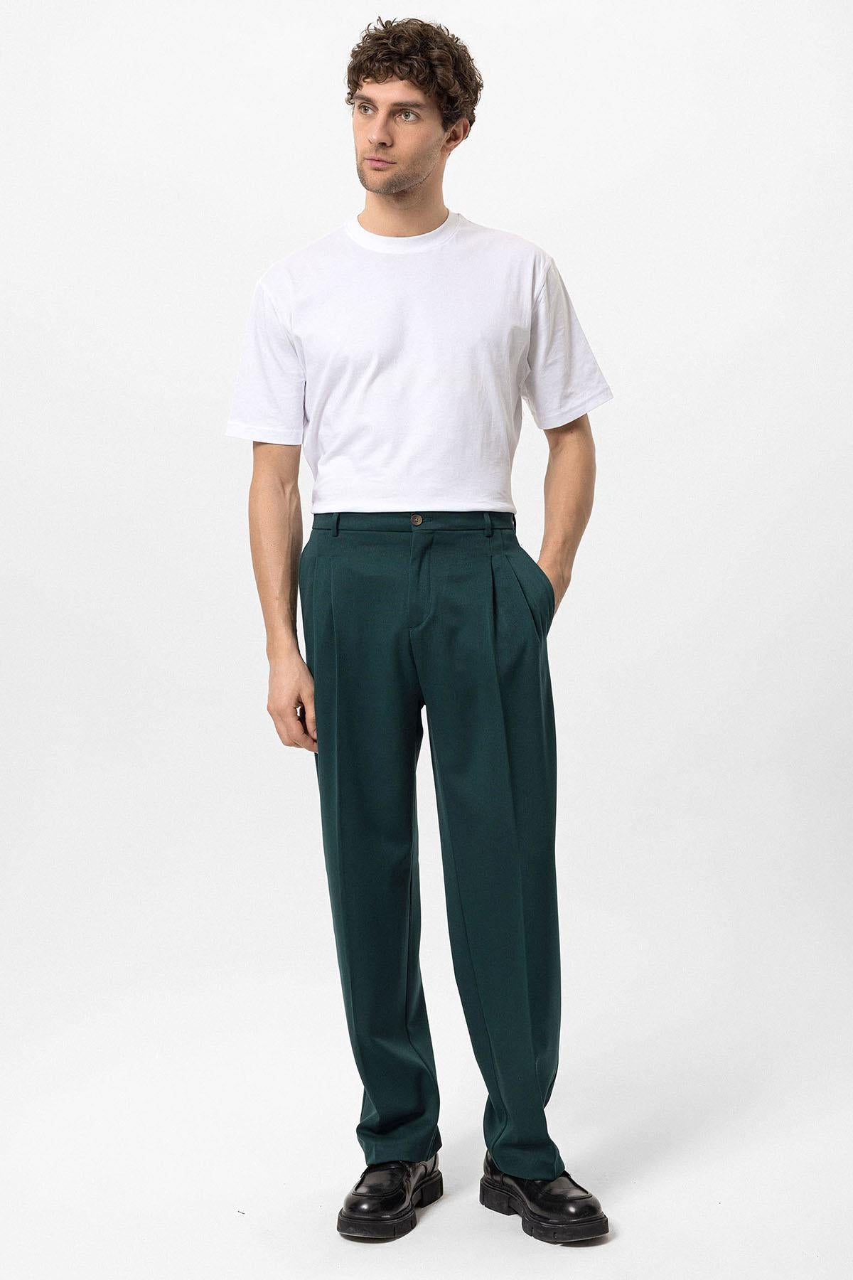 Men's Emerald High Waist Pleated Comfortable Fit Trousers