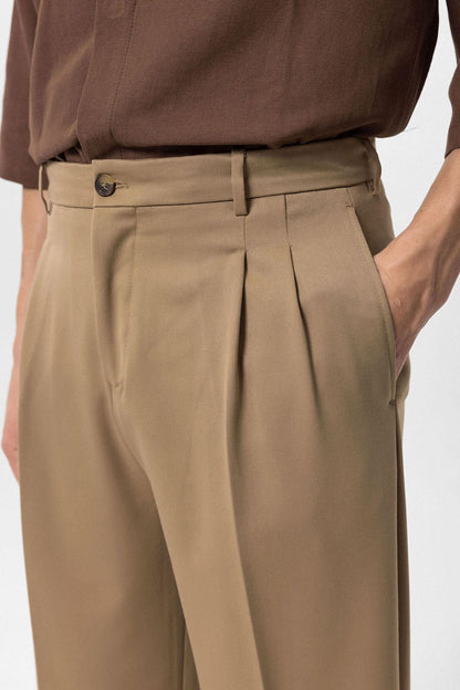 Men's Camel High Waist Pleated Comfortable Fit Trousers