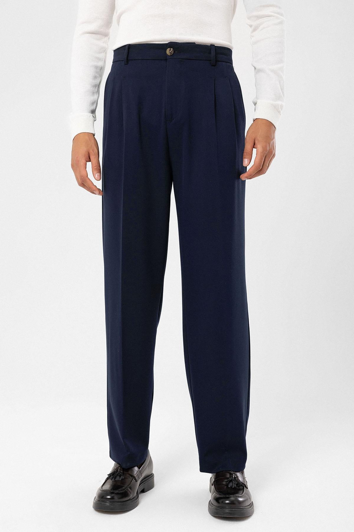 Men's Dark Navy Blue High-Waisted Relaxed Fit Pleated Pants