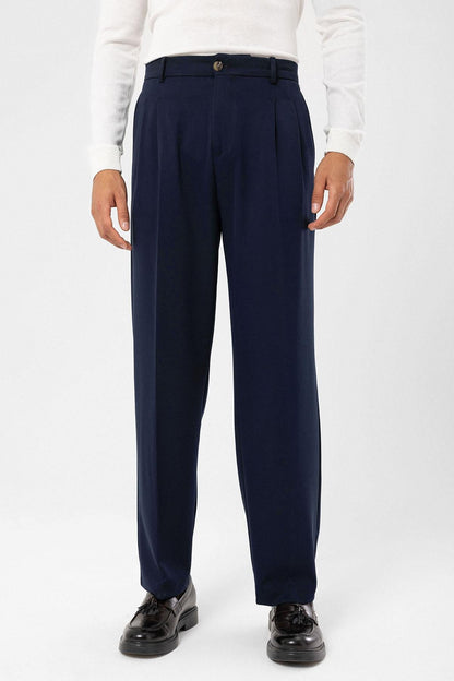 Men's Dark Navy Blue High-Waisted Relaxed Fit Pleated Pants
