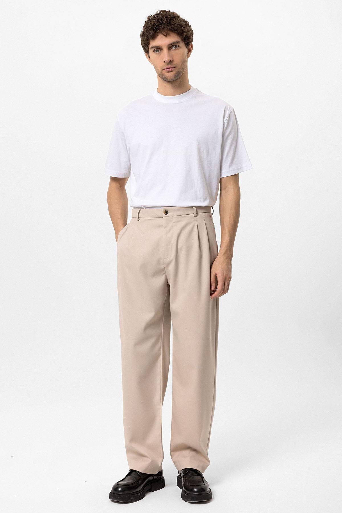 Men's Beige High Waist Pleated Comfortable Fit Trousers