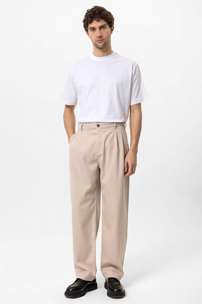 Men's Beige High Waist Pleated Comfortable Fit Trousers