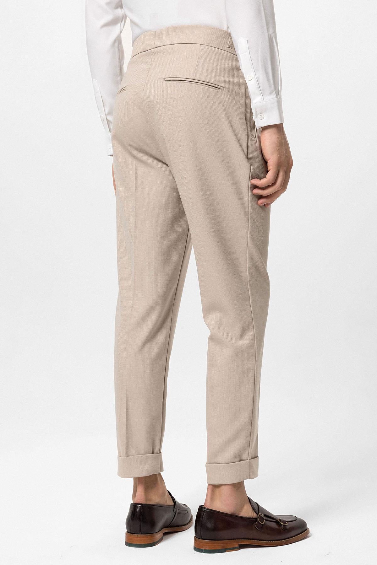 Men's Light Beige High-Waisted Pleated Buckle Detail Pants