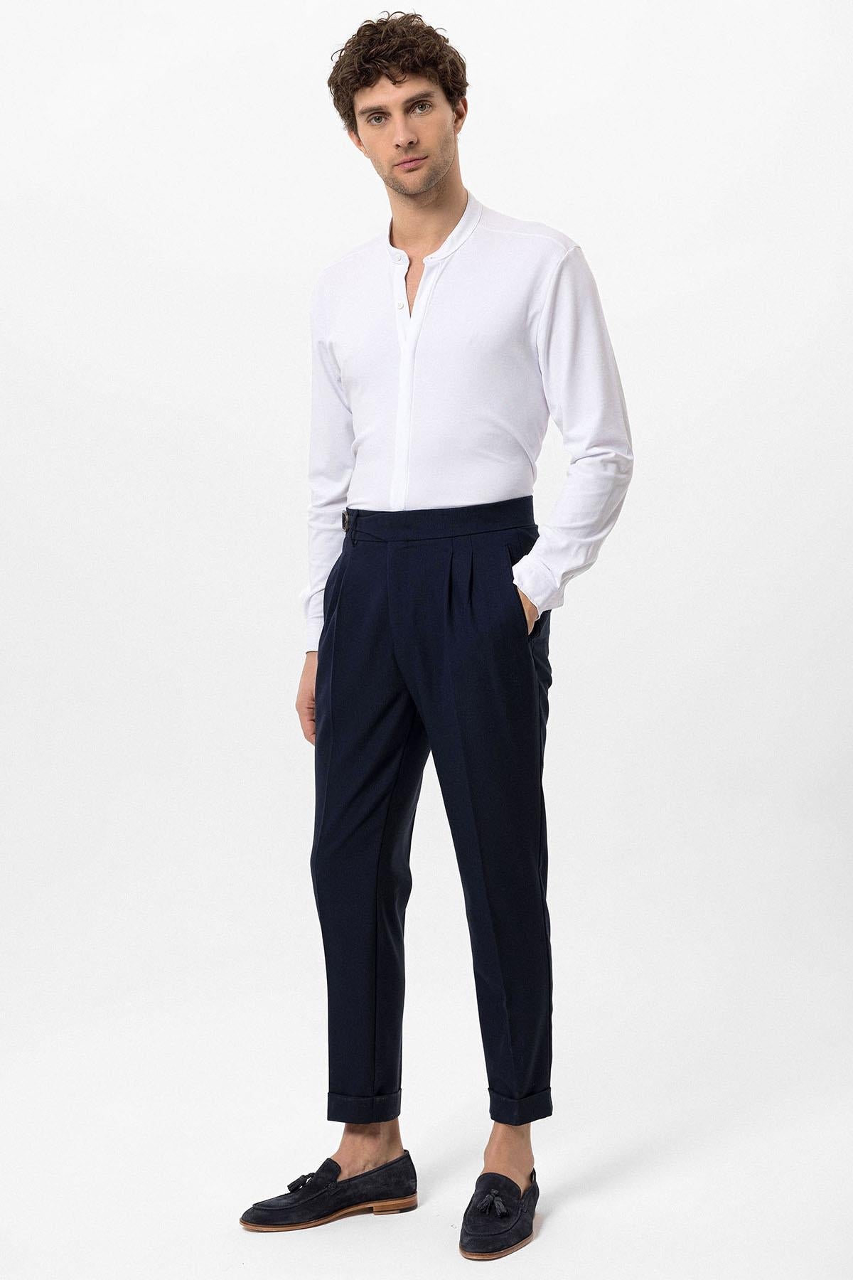Men's Navy Blue High-Waisted Pleated Buckle Detail Pants