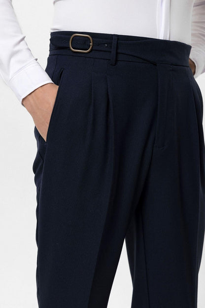 Men's Navy Blue High-Waisted Pleated Buckle Detail Pants