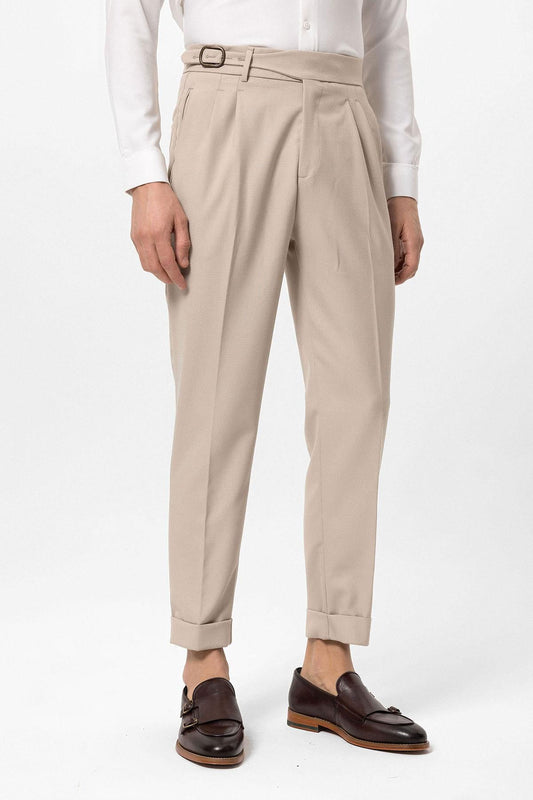 Men's Light Beige High-Waisted Pleated Buckle Detail Pants