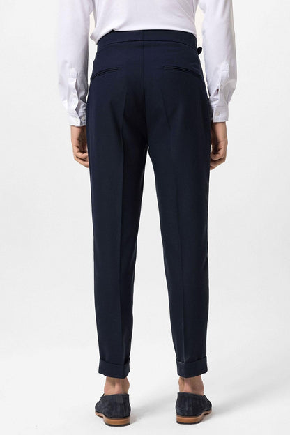 Men's Navy Blue High-Waisted Pleated Buckle Detail Pants