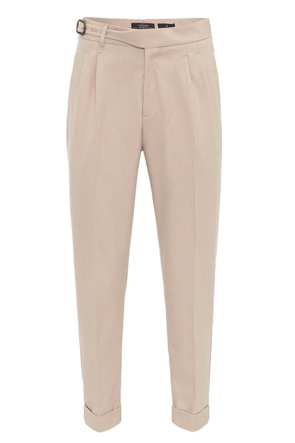 Men's Light Beige High-Waisted Pleated Buckle Detail Pants